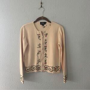 Vintage Yellow Sweater Jacket With Floral Embroidery Size small